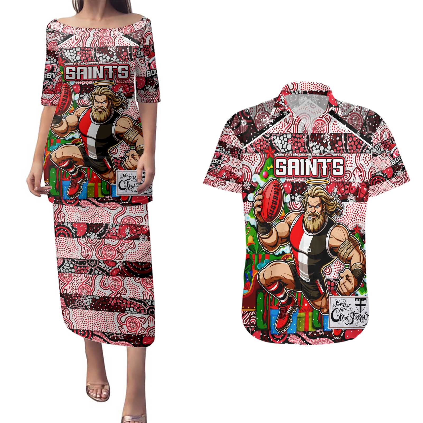 Custom Saints Rugby Merry Christmas Couples Matching Puletasi and Hawaiian Shirt Indigenous Australian Art