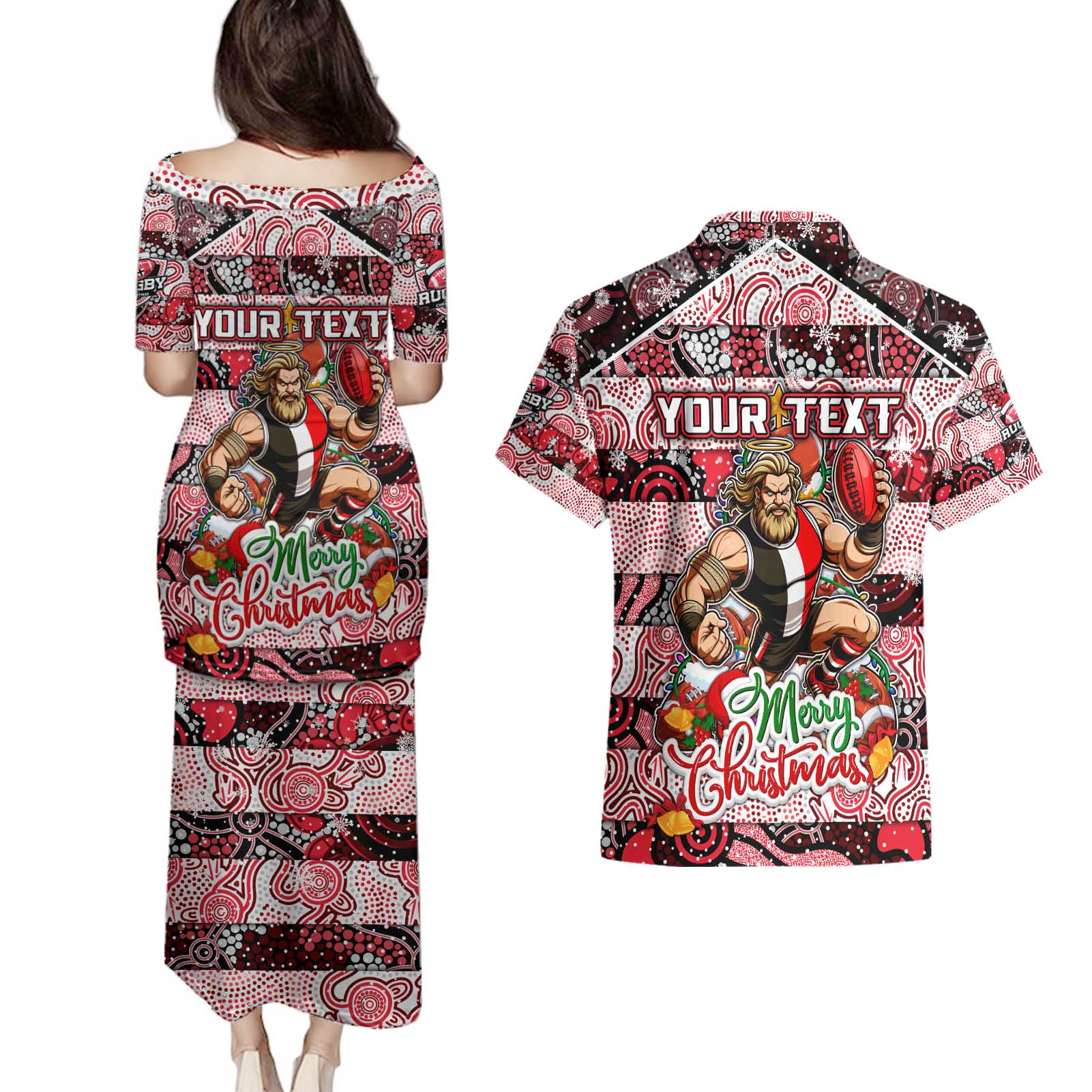 Custom Saints Rugby Merry Christmas Couples Matching Puletasi and Hawaiian Shirt Indigenous Australian Art
