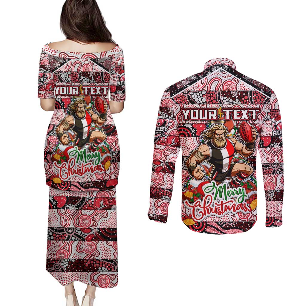 Custom Saints Rugby Merry Christmas Couples Matching Puletasi and Long Sleeve Button Shirt Indigenous Australian Art