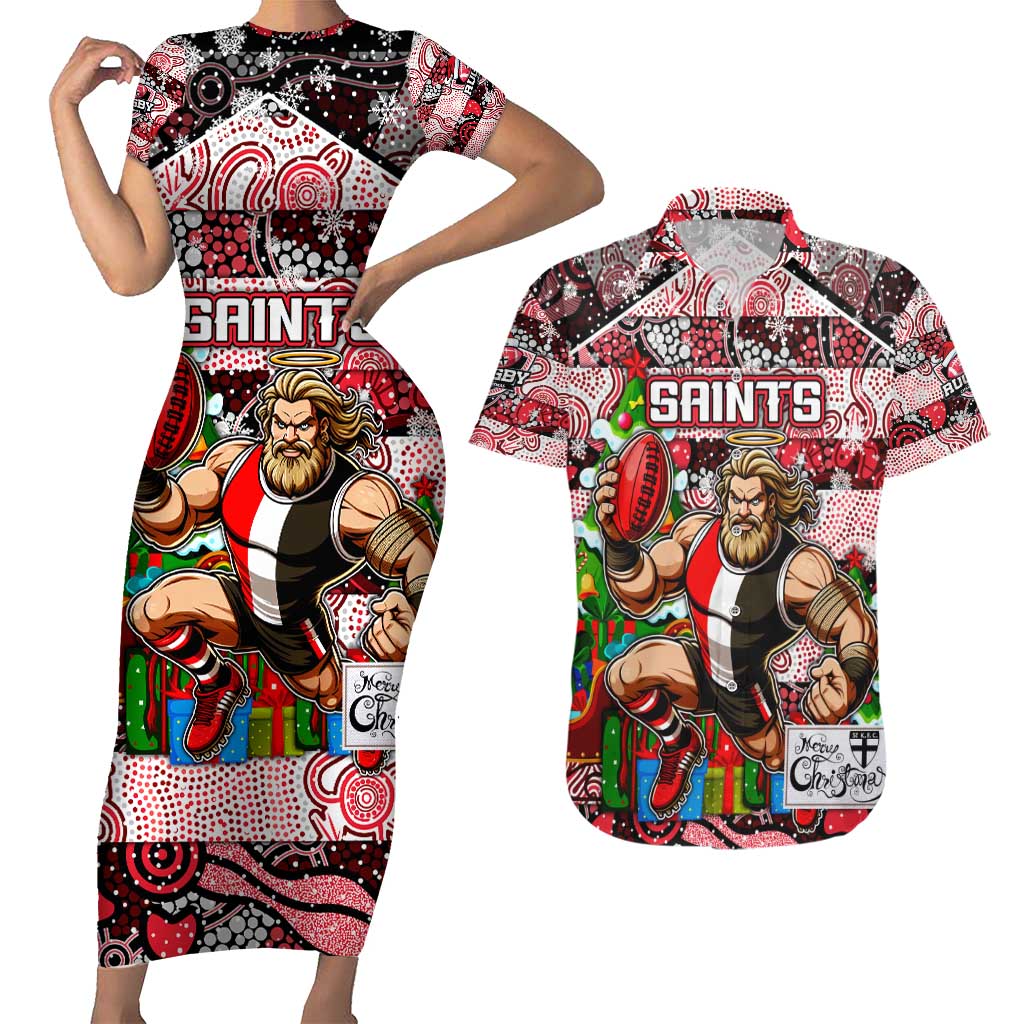 Custom Saints Rugby Merry Christmas Couples Matching Short Sleeve Bodycon Dress and Hawaiian Shirt Indigenous Australian Art