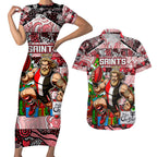 Custom Saints Rugby Merry Christmas Couples Matching Short Sleeve Bodycon Dress and Hawaiian Shirt Indigenous Australian Art