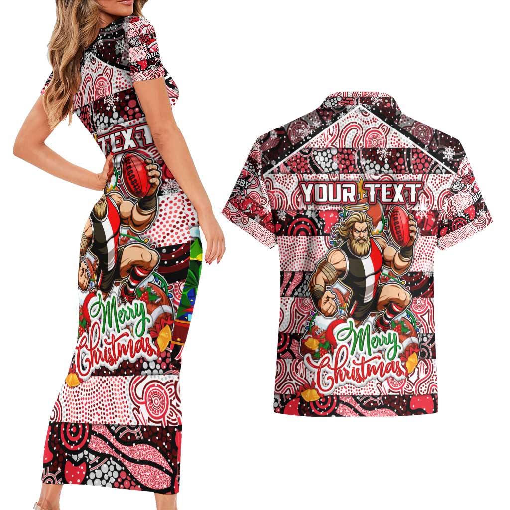 Custom Saints Rugby Merry Christmas Couples Matching Short Sleeve Bodycon Dress and Hawaiian Shirt Indigenous Australian Art