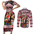 Custom Saints Rugby Merry Christmas Couples Matching Short Sleeve Bodycon Dress and Long Sleeve Button Shirt Indigenous Australian Art
