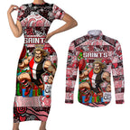 Custom Saints Rugby Merry Christmas Couples Matching Short Sleeve Bodycon Dress and Long Sleeve Button Shirt Indigenous Australian Art