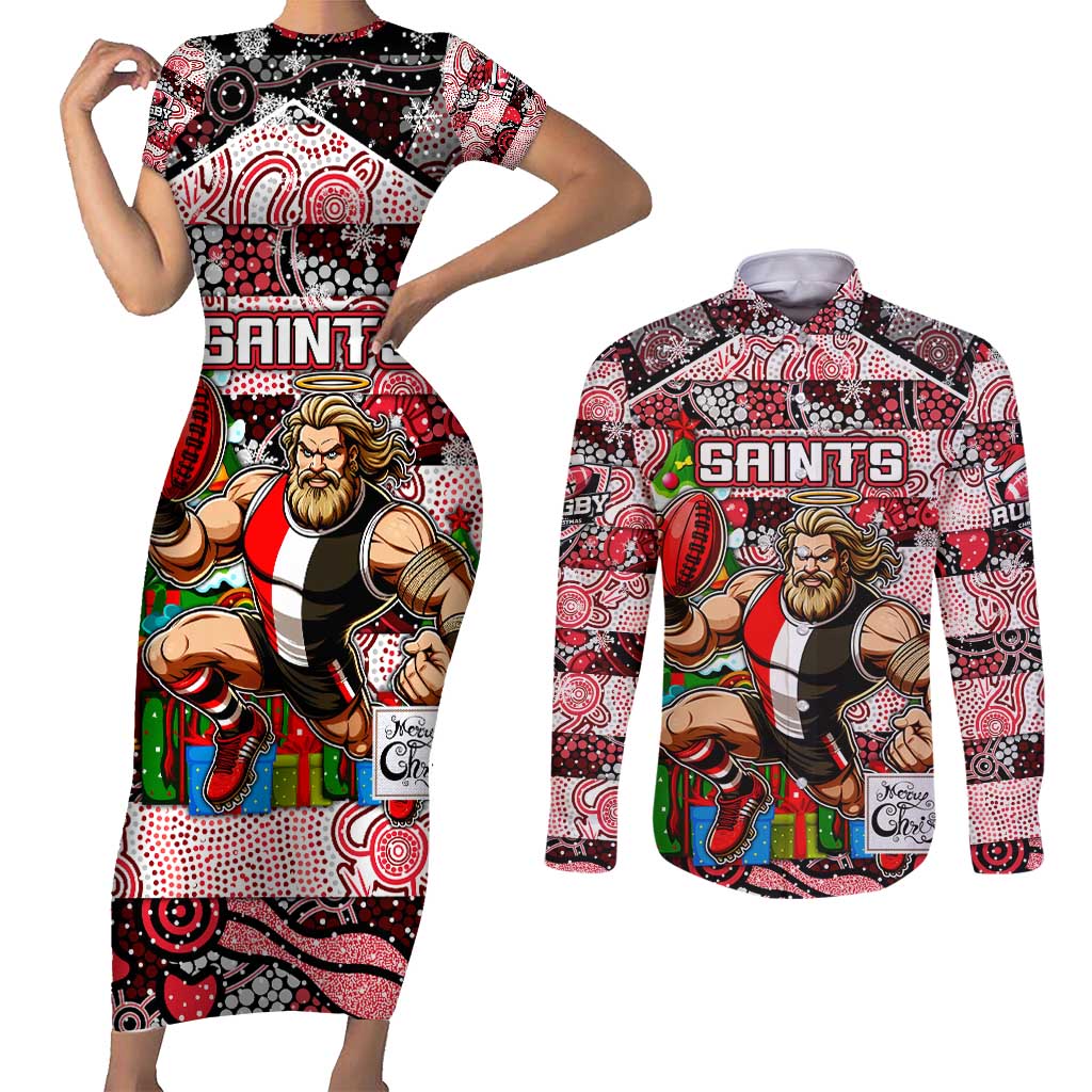 Custom Saints Rugby Merry Christmas Couples Matching Short Sleeve Bodycon Dress and Long Sleeve Button Shirt Indigenous Australian Art