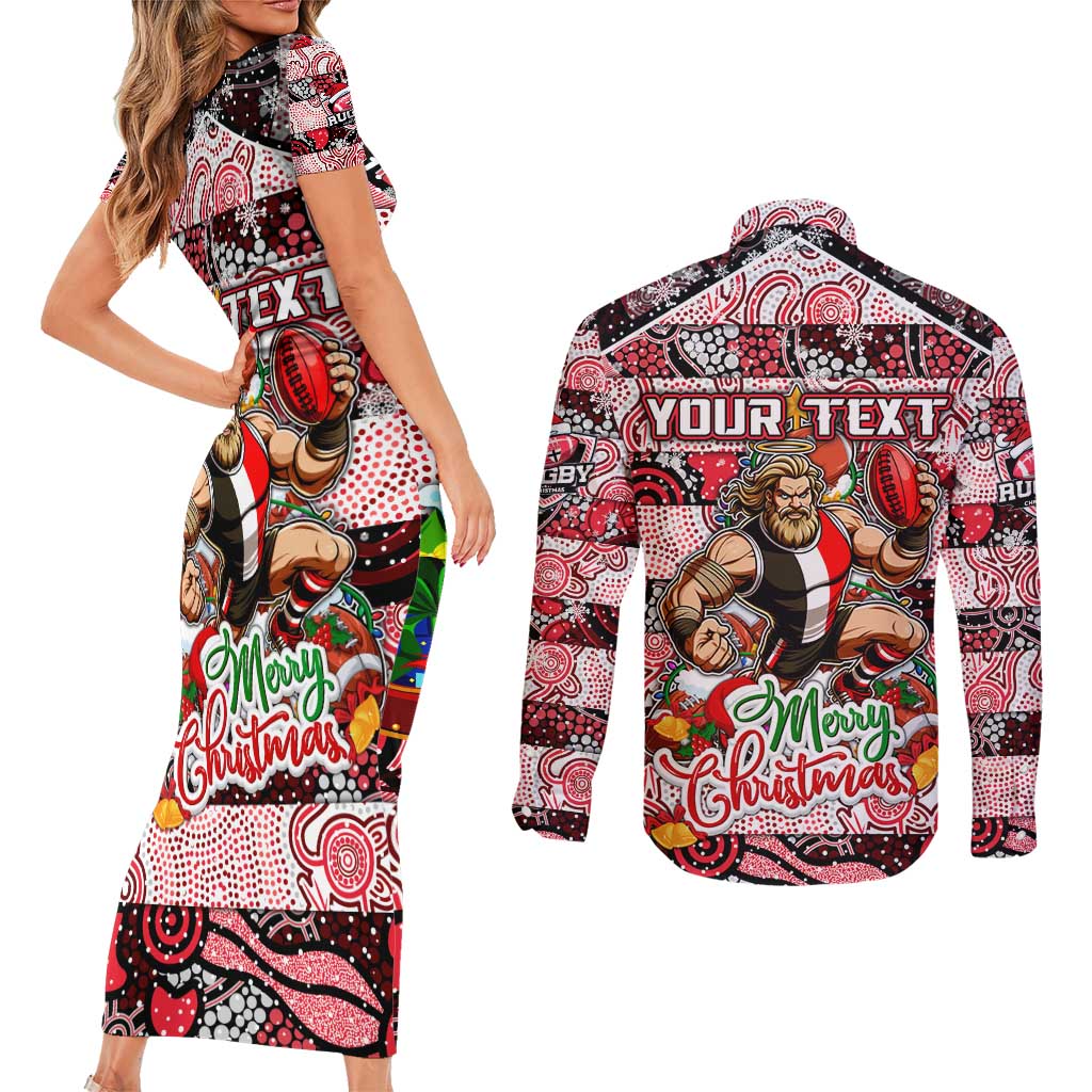 Custom Saints Rugby Merry Christmas Couples Matching Short Sleeve Bodycon Dress and Long Sleeve Button Shirt Indigenous Australian Art