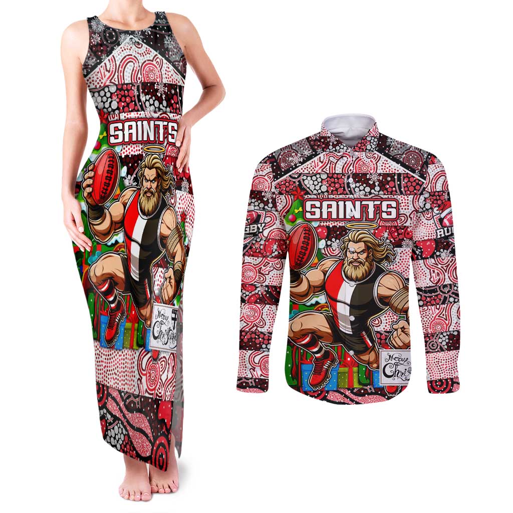 Custom Saints Rugby Merry Christmas Couples Matching Tank Maxi Dress and Long Sleeve Button Shirt Indigenous Australian Art