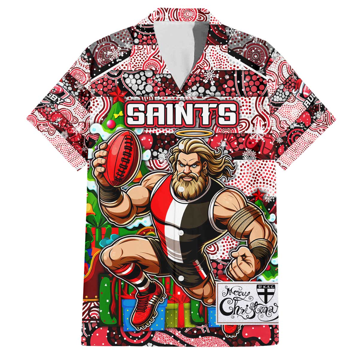 Custom Saints Rugby Merry Christmas Family Matching Off The Shoulder Long Sleeve Dress and Hawaiian Shirt Indigenous Australian Art