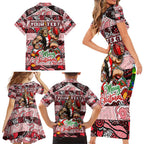 Custom Saints Rugby Merry Christmas Family Matching Short Sleeve Bodycon Dress and Hawaiian Shirt Indigenous Australian Art