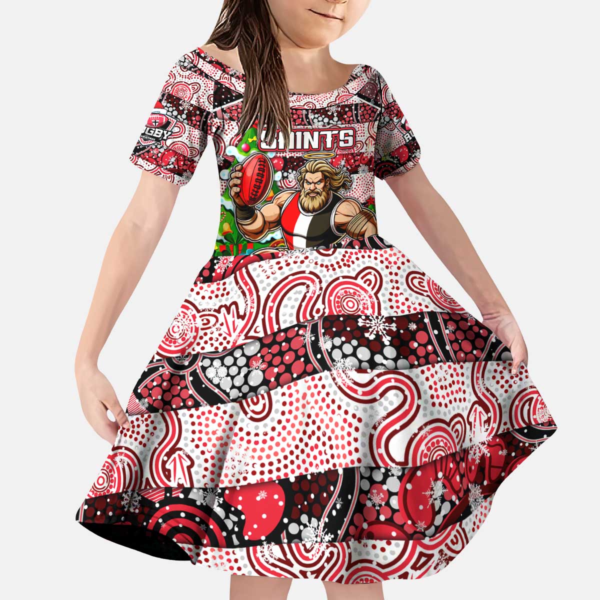 Custom Saints Rugby Merry Christmas Kid Short Sleeve Dress Indigenous Australian Art