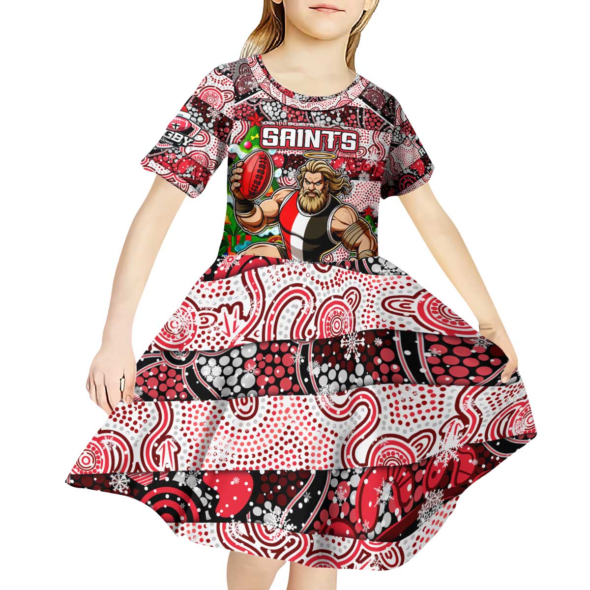 Custom Saints Rugby Merry Christmas Kid Short Sleeve Dress Indigenous Australian Art