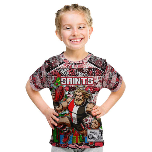 Custom Saints Rugby Merry Christmas Kid T Shirt Indigenous Australian Art