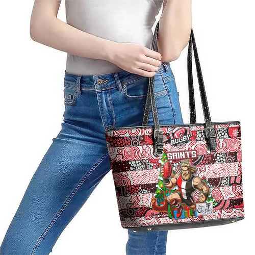 Saints Football Merry Christmas Leather Tote Bag Indigenous Australian Art