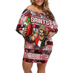 Custom Saints Rugby Merry Christmas Off Shoulder Short Dress Indigenous Australian Art