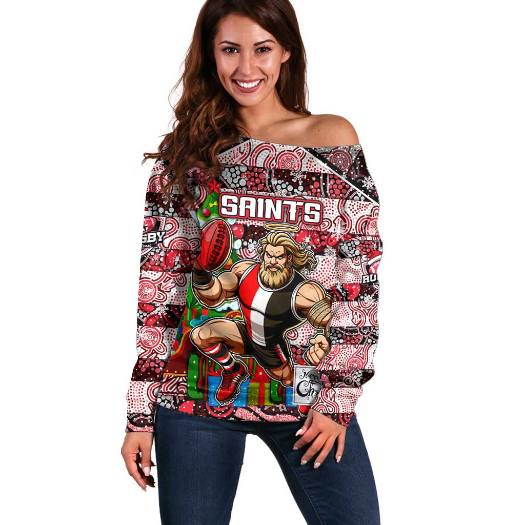 Custom Saints Rugby Merry Christmas Off Shoulder Sweater Indigenous Australian Art