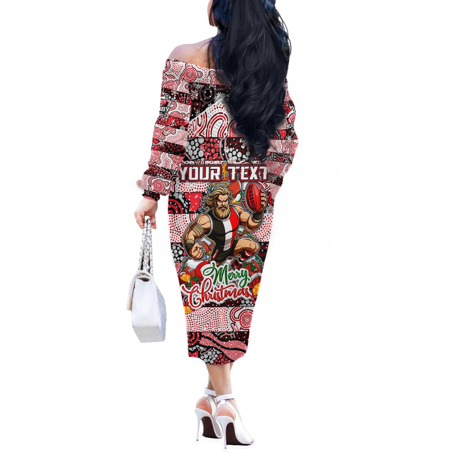 Custom Saints Rugby Merry Christmas Off The Shoulder Long Sleeve Dress Indigenous Australian Art