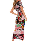 Custom Saints Rugby Merry Christmas Short Sleeve Bodycon Dress Indigenous Australian Art
