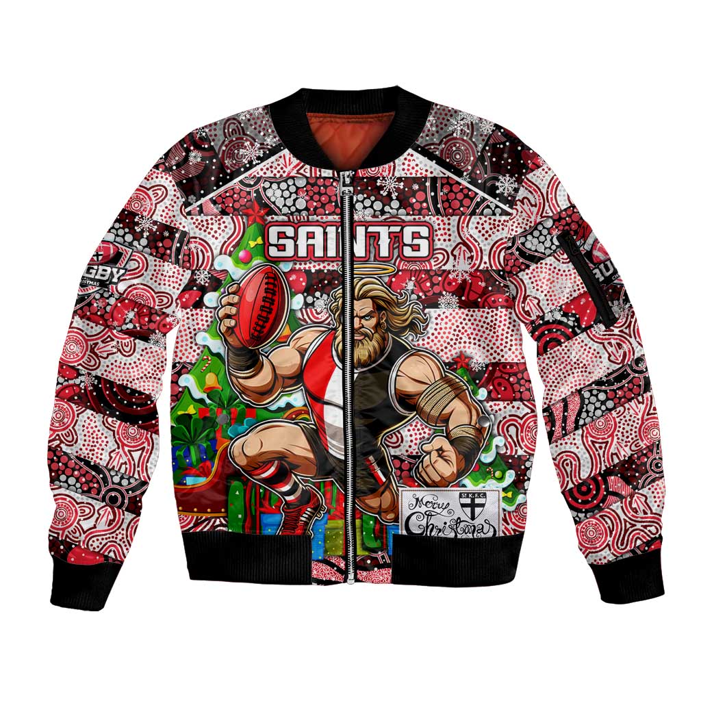 Custom Saints Rugby Merry Christmas Sleeve Zip Bomber Jacket Indigenous Australian Art