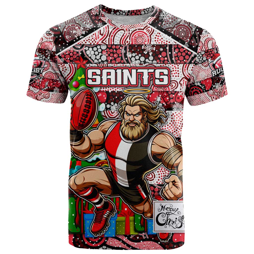 Custom Saints Rugby Merry Christmas T Shirt Indigenous Australian Art