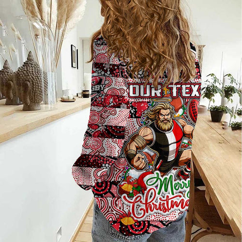 Custom Saints Rugby Merry Christmas Women Casual Shirt Indigenous Australian Art
