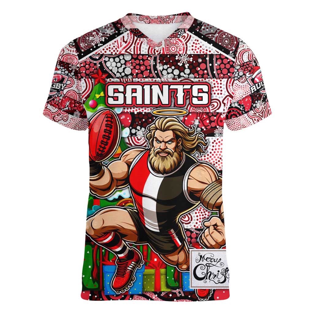 Custom Saints Rugby Merry Christmas Women V-Neck T-Shirt Indigenous Australian Art