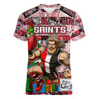 Custom Saints Rugby Merry Christmas Women V-Neck T-Shirt Indigenous Australian Art