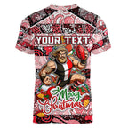 Custom Saints Rugby Merry Christmas Women V-Neck T-Shirt Indigenous Australian Art