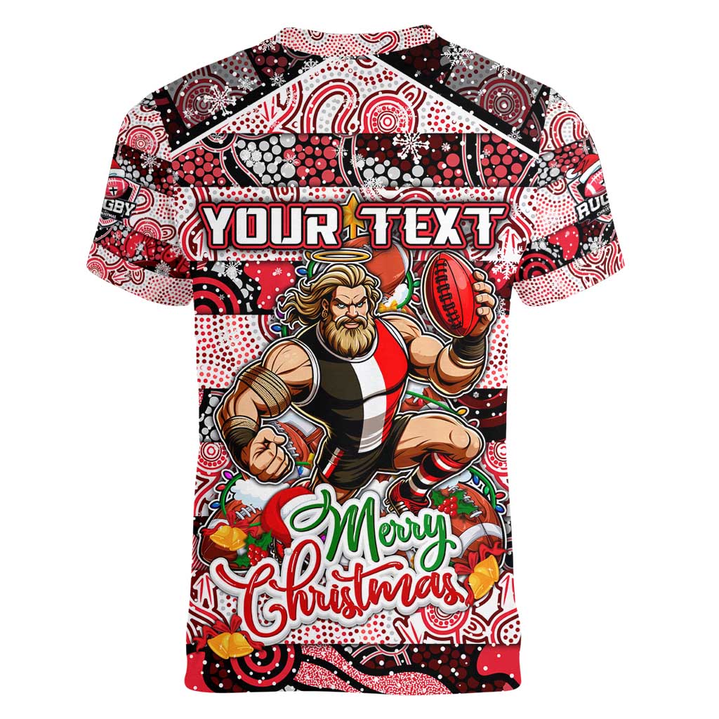 Custom Saints Rugby Merry Christmas Women V-Neck T-Shirt Indigenous Australian Art