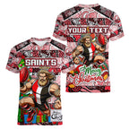 Custom Saints Rugby Merry Christmas Women V-Neck T-Shirt Indigenous Australian Art