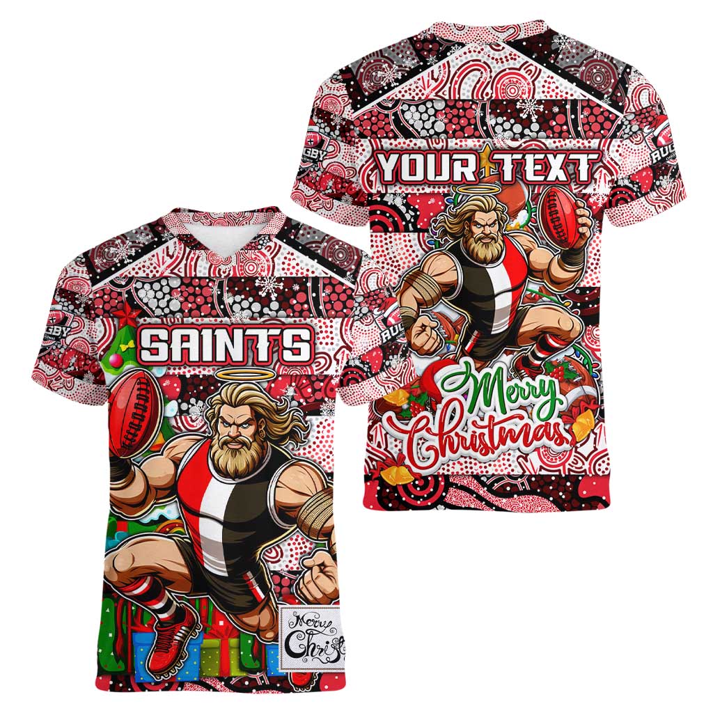 Custom Saints Rugby Merry Christmas Women V-Neck T-Shirt Indigenous Australian Art