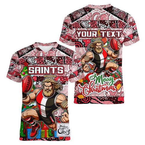 Custom Saints Rugby Merry Christmas Women V-Neck T-Shirt Indigenous Australian Art