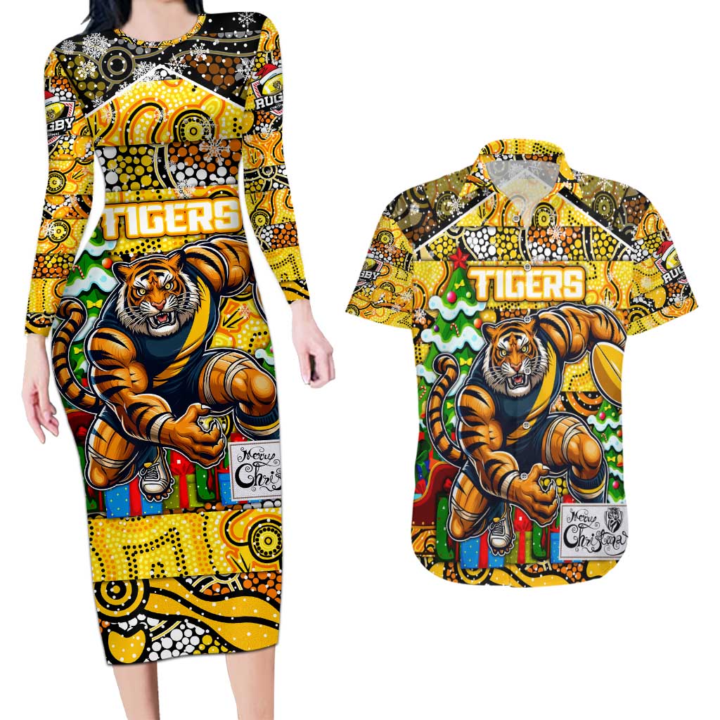 Custom Richmond Tigers Football Merry Christmas Couples Matching Long Sleeve Bodycon Dress and Hawaiian Shirt Indigenous Australian Art
