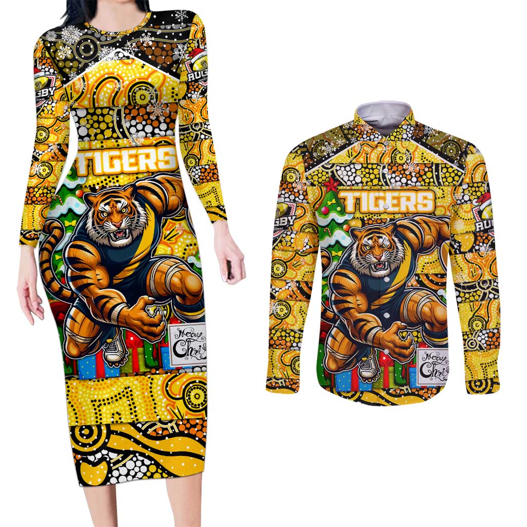 Custom Richmond Tigers Football Merry Christmas Couples Matching Long Sleeve Bodycon Dress and Long Sleeve Button Shirt Indigenous Australian Art