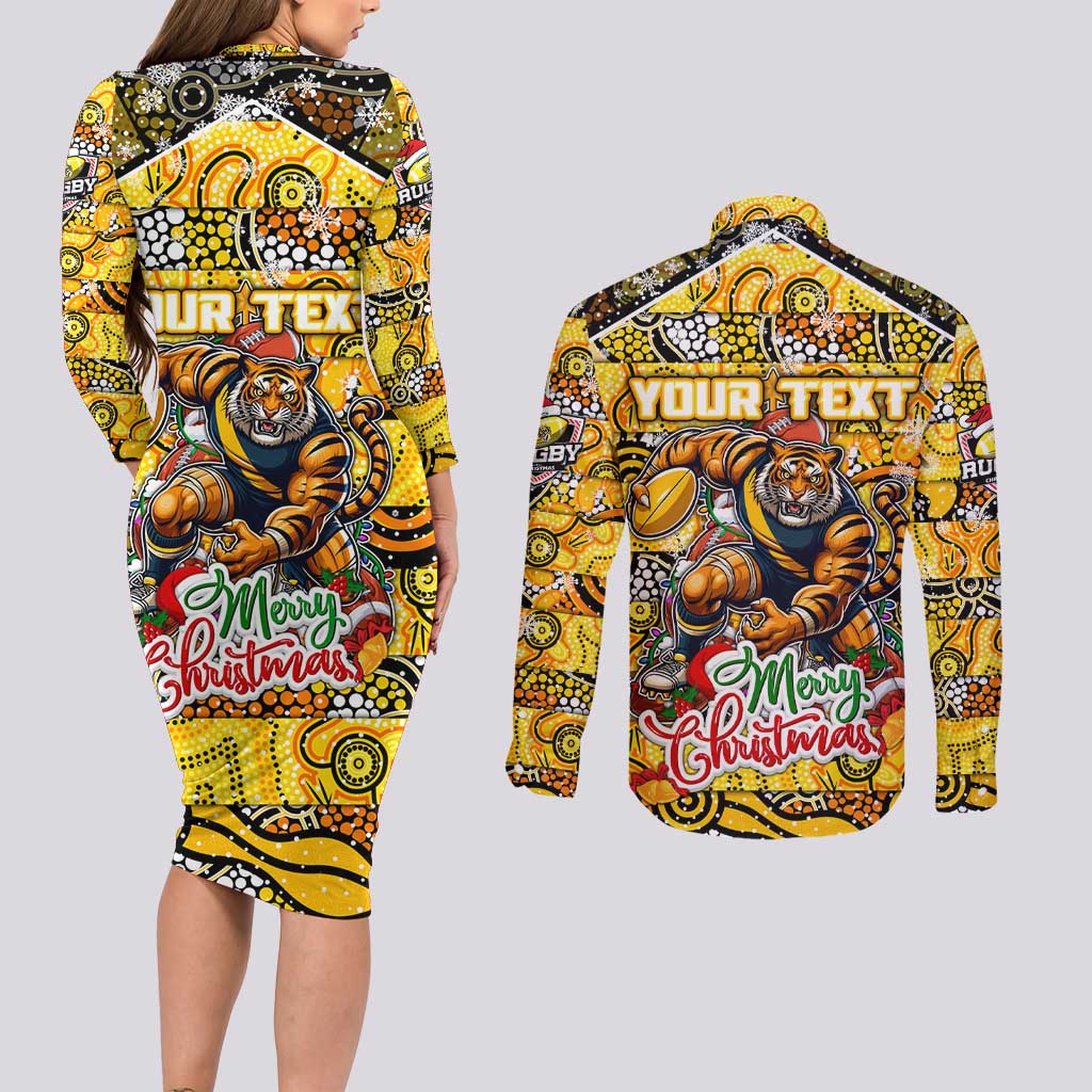 Custom Richmond Tigers Football Merry Christmas Couples Matching Long Sleeve Bodycon Dress and Long Sleeve Button Shirt Indigenous Australian Art