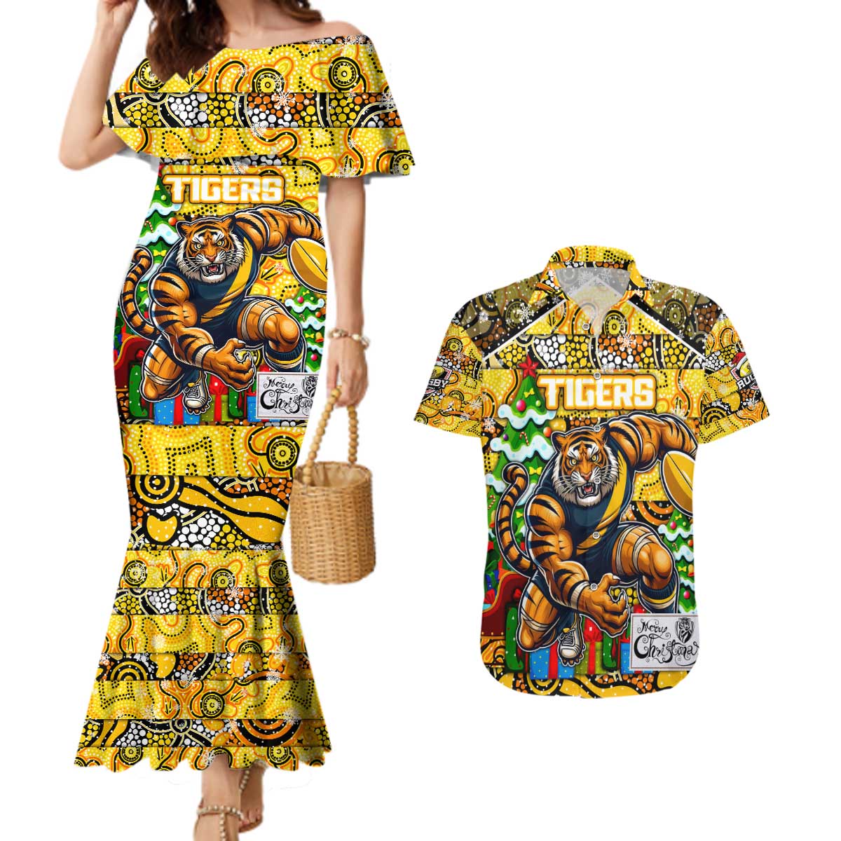 Custom Richmond Tigers Football Merry Christmas Couples Matching Mermaid Dress and Hawaiian Shirt Indigenous Australian Art
