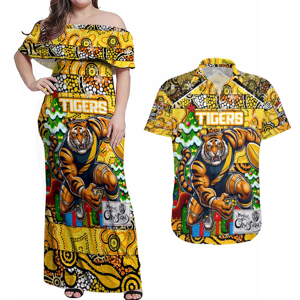 Custom Richmond Tigers Football Merry Christmas Couples Matching Off Shoulder Maxi Dress and Hawaiian Shirt Indigenous Australian Art