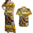Custom Richmond Tigers Football Merry Christmas Couples Matching Off Shoulder Maxi Dress and Hawaiian Shirt Indigenous Australian Art