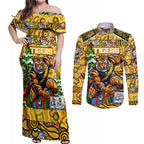 Custom Richmond Tigers Football Merry Christmas Couples Matching Off Shoulder Maxi Dress and Long Sleeve Button Shirt Indigenous Australian Art