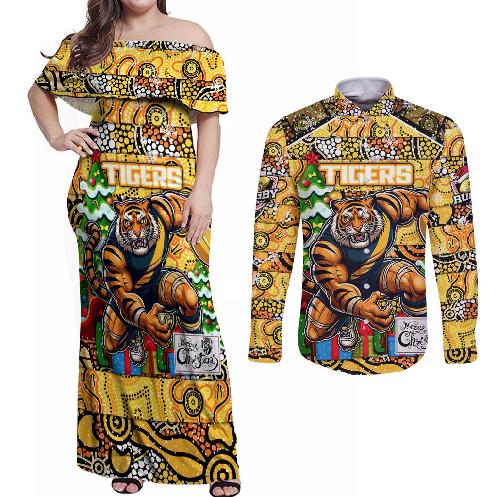 Custom Richmond Tigers Football Merry Christmas Couples Matching Off Shoulder Maxi Dress and Long Sleeve Button Shirt Indigenous Australian Art