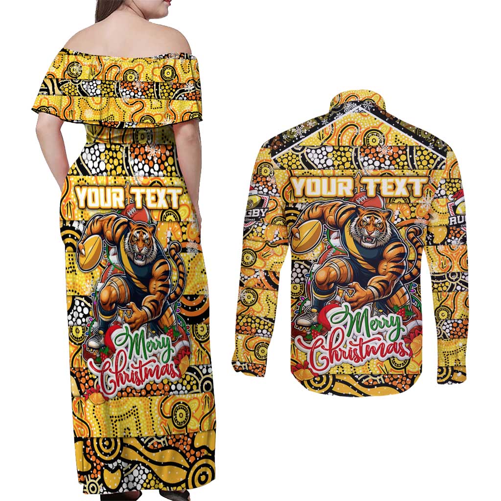 Custom Richmond Tigers Football Merry Christmas Couples Matching Off Shoulder Maxi Dress and Long Sleeve Button Shirt Indigenous Australian Art