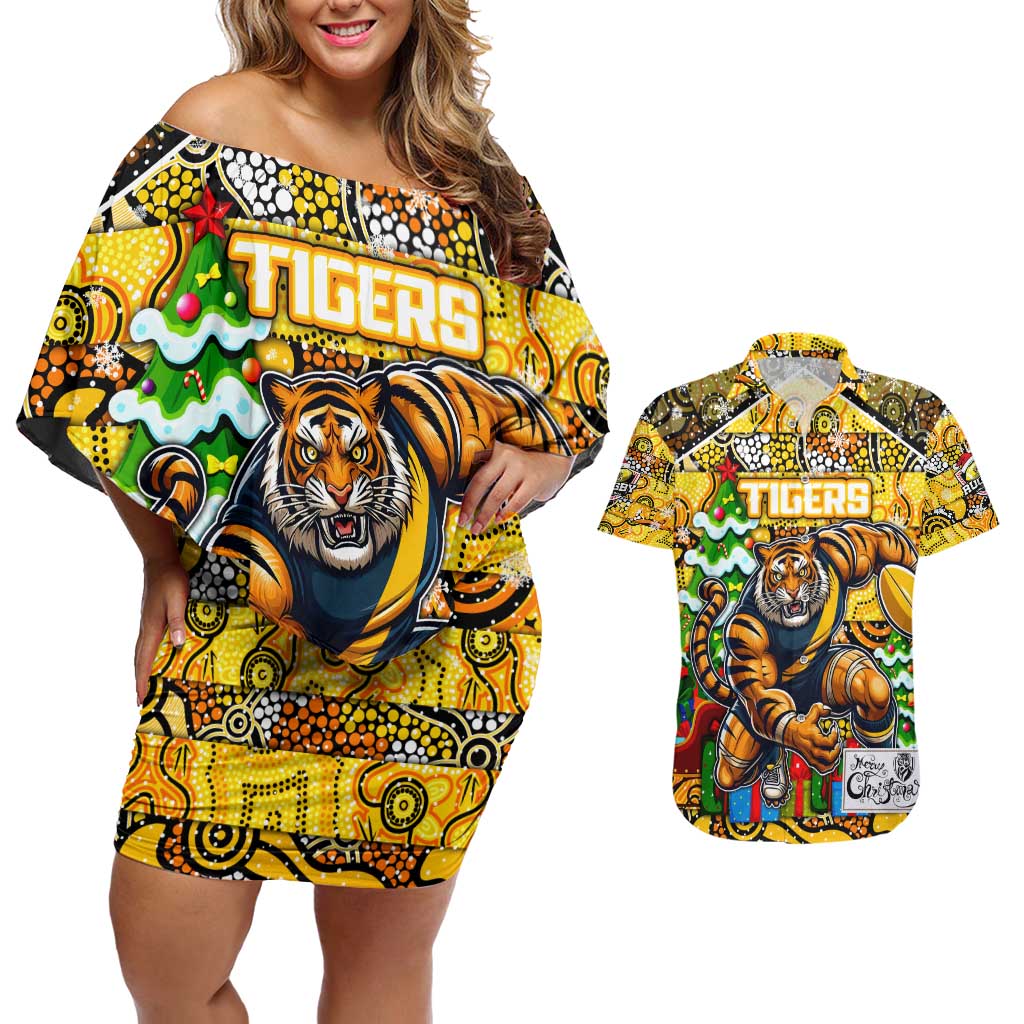 Custom Richmond Tigers Football Merry Christmas Couples Matching Off Shoulder Short Dress and Hawaiian Shirt Indigenous Australian Art