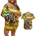 Custom Richmond Tigers Football Merry Christmas Couples Matching Off Shoulder Short Dress and Hawaiian Shirt Indigenous Australian Art