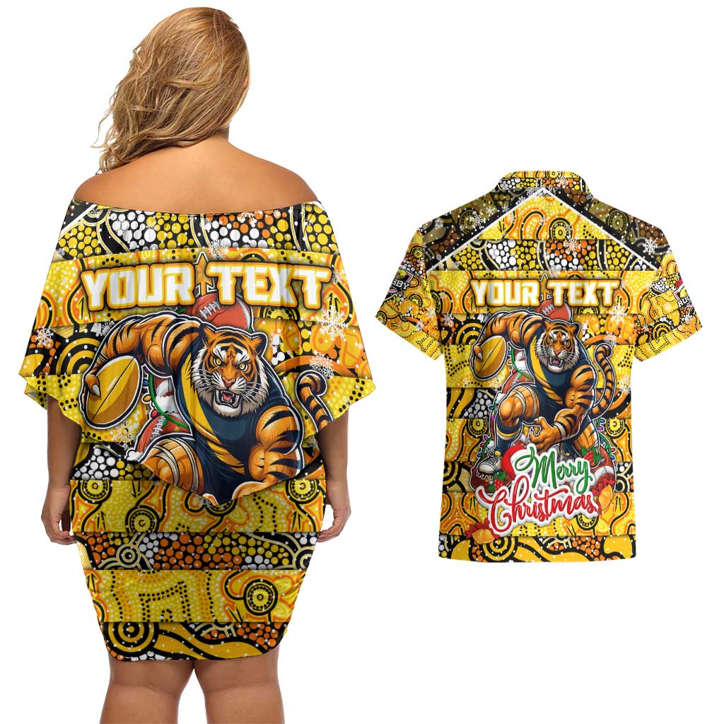 Custom Richmond Tigers Football Merry Christmas Couples Matching Off Shoulder Short Dress and Hawaiian Shirt Indigenous Australian Art