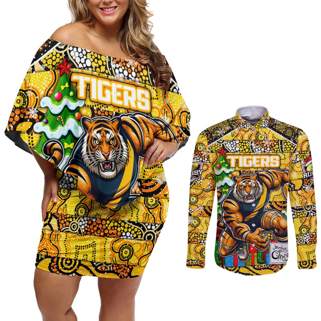 Custom Richmond Tigers Football Merry Christmas Couples Matching Off Shoulder Short Dress and Long Sleeve Button Shirt Indigenous Australian Art