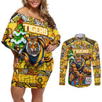 Custom Richmond Tigers Football Merry Christmas Couples Matching Off Shoulder Short Dress and Long Sleeve Button Shirt Indigenous Australian Art