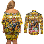 Custom Richmond Tigers Football Merry Christmas Couples Matching Off Shoulder Short Dress and Long Sleeve Button Shirt Indigenous Australian Art