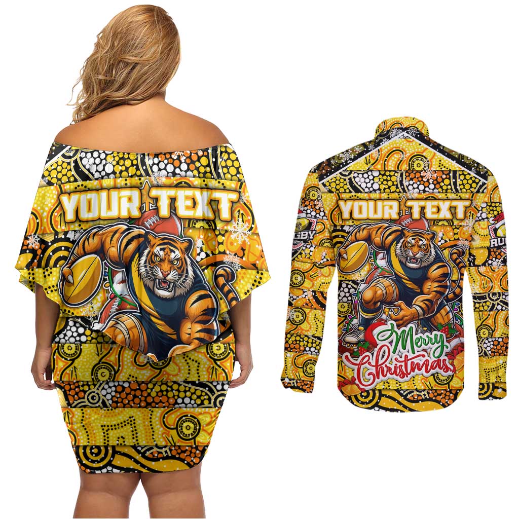 Custom Richmond Tigers Football Merry Christmas Couples Matching Off Shoulder Short Dress and Long Sleeve Button Shirt Indigenous Australian Art