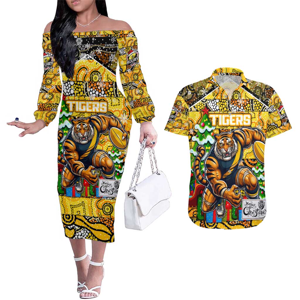 Custom Richmond Tigers Football Merry Christmas Couples Matching Off The Shoulder Long Sleeve Dress and Hawaiian Shirt Indigenous Australian Art