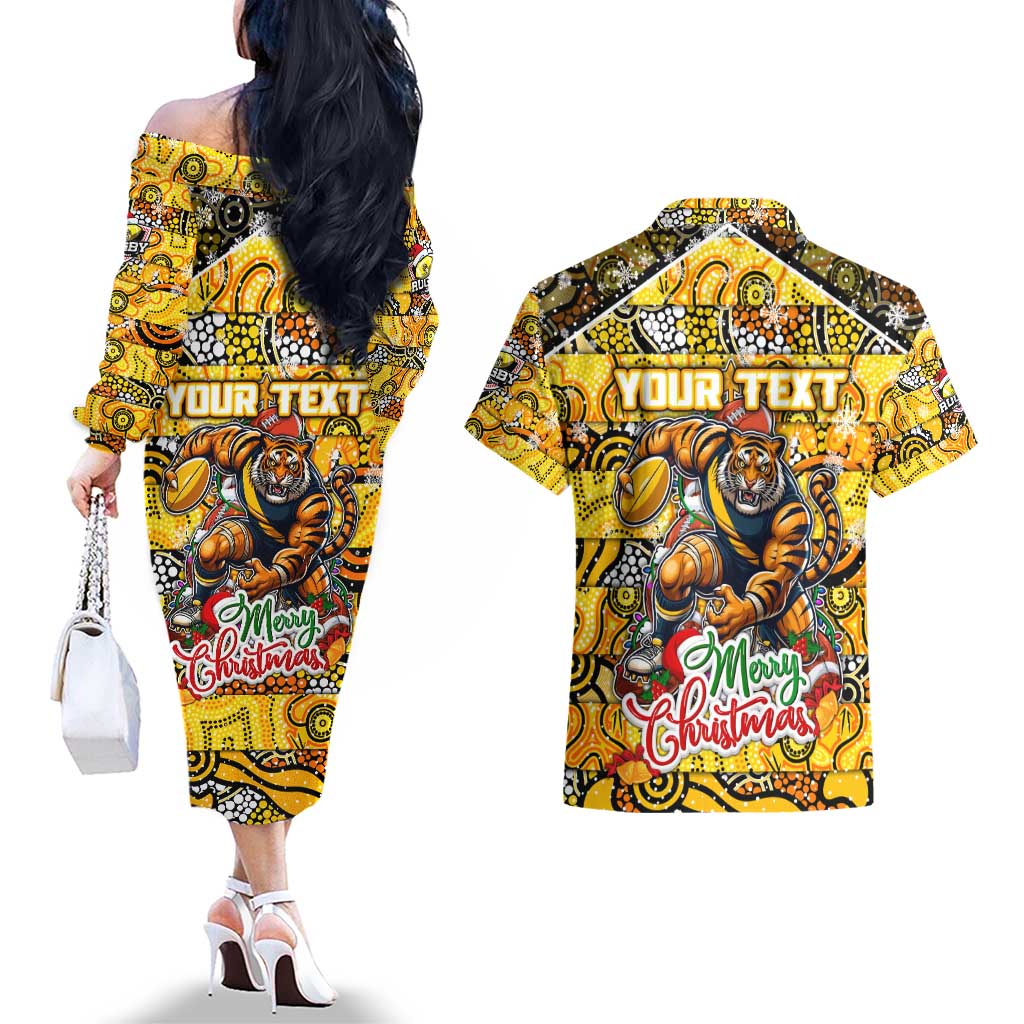 Custom Richmond Tigers Football Merry Christmas Couples Matching Off The Shoulder Long Sleeve Dress and Hawaiian Shirt Indigenous Australian Art