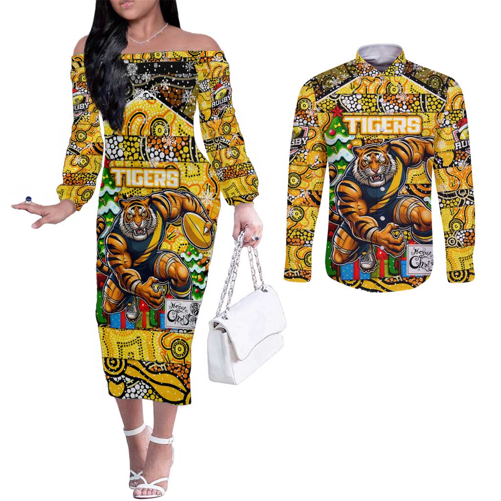 Custom Richmond Tigers Football Merry Christmas Couples Matching Off The Shoulder Long Sleeve Dress and Long Sleeve Button Shirt Indigenous Australian Art